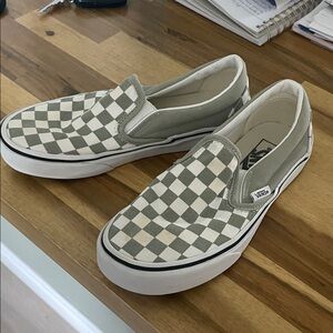 Vans moss green and White Checkerboard Slip-Ons